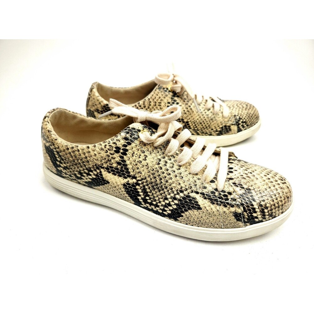 Cole Haan Grand Os Shoes Women's 7.5B Beige Black Leather Snake Low Top Sneakers